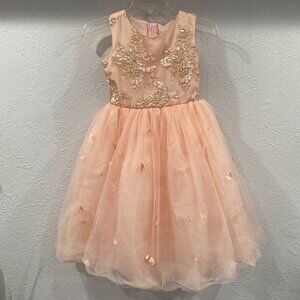 SINAI KIDS, girl's size 8, champagne pink sleeveless dress w/gold + butterflies.